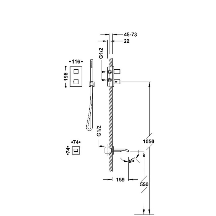 Zestaw baterii termostatycznej podtynkowej 2-drożnej Therm-box prysznicowej i wannowej, TRES THERM-BOX - 24-K Złoto