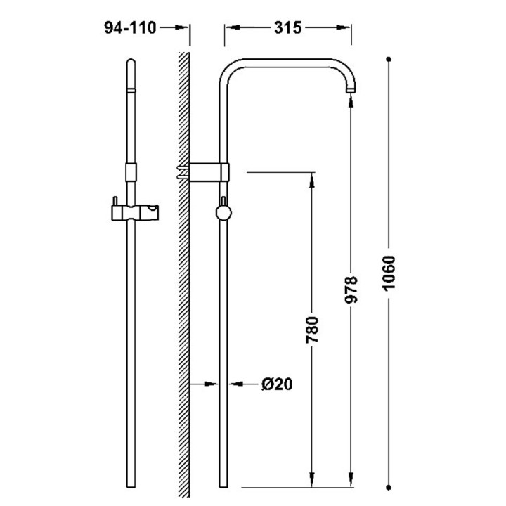 Długi drążek natryskwy przystosowany do baterii termostatycznej ściennej z kompatybilnym przyłączem, TRES OVER-WALL - Stal