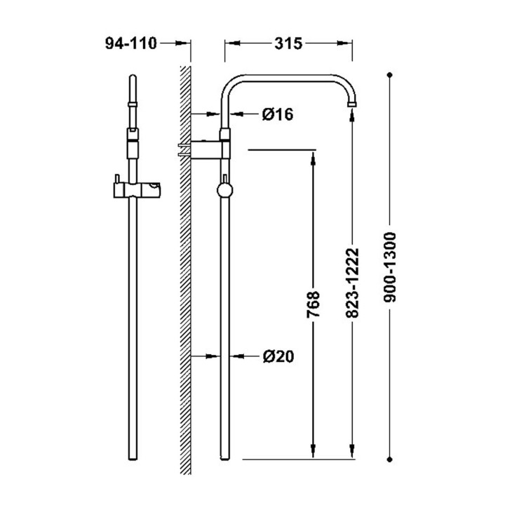 Teleskopowy drążek natryskowy przystosowany do baterii termostatycznej ściennej z kompatybilnym przyłączem, TRES OVER-WALL - Chr