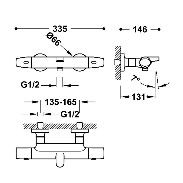 Bateria termostatyczna naścienna wannowa i prysznicowa, TRES OVER-WALL - Czerń Matowa