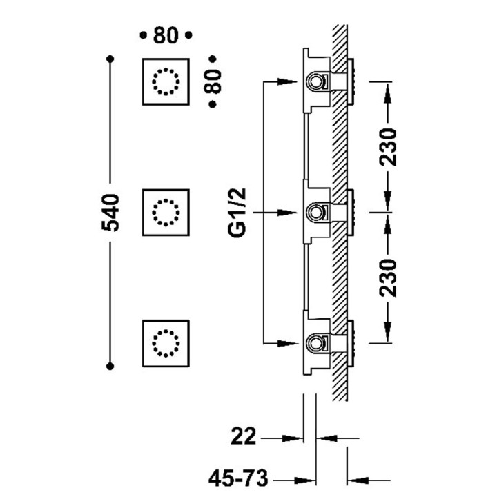 3 podtynkowe dysze z hydromasażem, TRES COMPL DUCHA - Stal