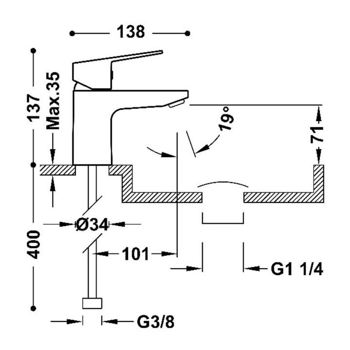 Bateria jednouchwytowa ekologiczna umywalkowa z zaworem spustowym Click-Clack, TRES BASE - Chrom