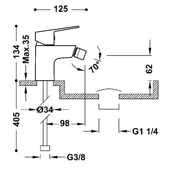 Bateria jednouchwytowa do bidetu z zaworem spustowym Click-Clack, TRES BASE - Chrom