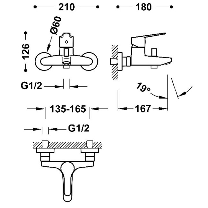 Bateria jednouchwytowa ścienna wannowa i prysznicowa, TRES BASE - Chrom 