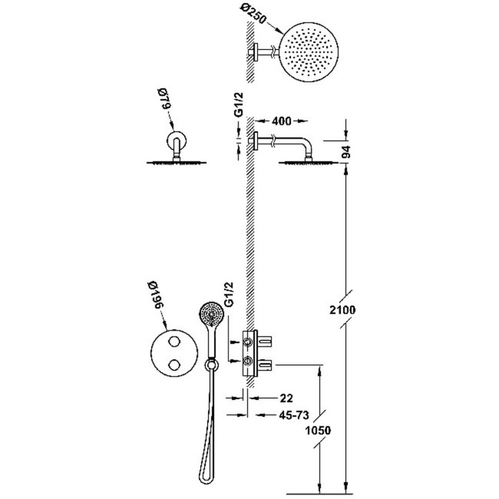 Zestaw baterii termostatycznej podtynkowej 2-drożnej Therm-box prysznicowej, TRES CLASS-TRES - Chrom