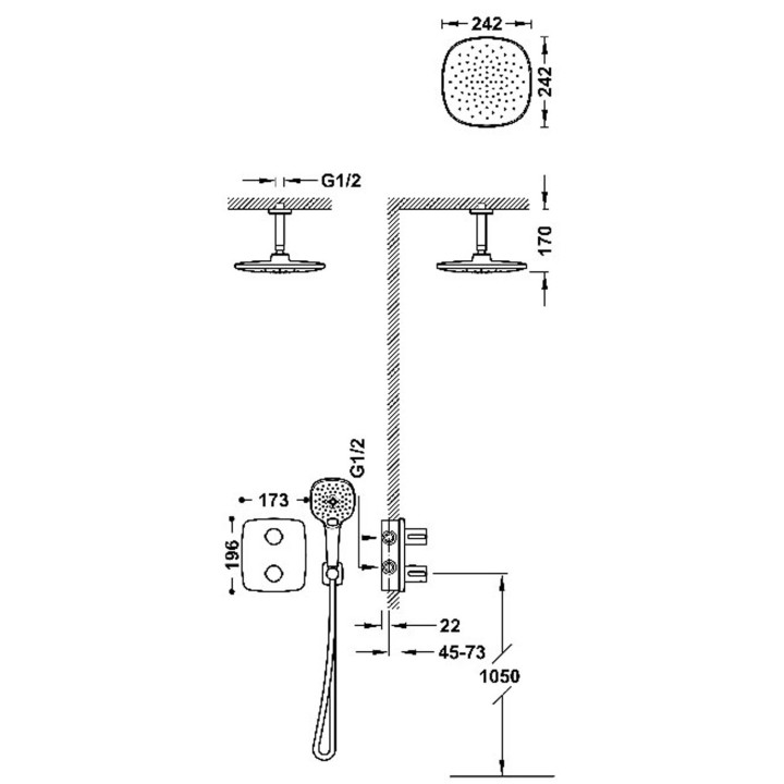 Zestaw baterii termostatycznej podtynkowej 2-drożnej Therm-box prysznicowej, TRES CANIGÓ-TRES PLUS - Chrom  