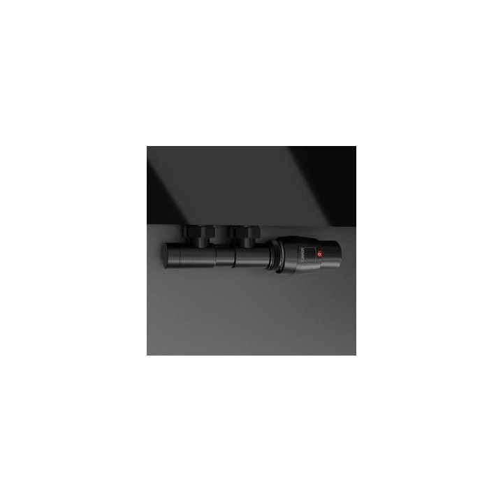 Zawór zespolony Komex Twins z głowicą termostatyczną, kątowy, wersja prawa - czarny błyszczący