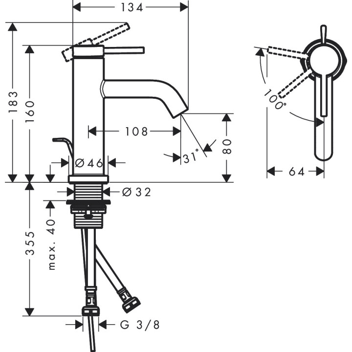 Jednouchwytowa bateria umywalkowa 80 CoolStart z kompletem odpływowym, Hansgrohe Tecturis S - Brąz Szczotkowany