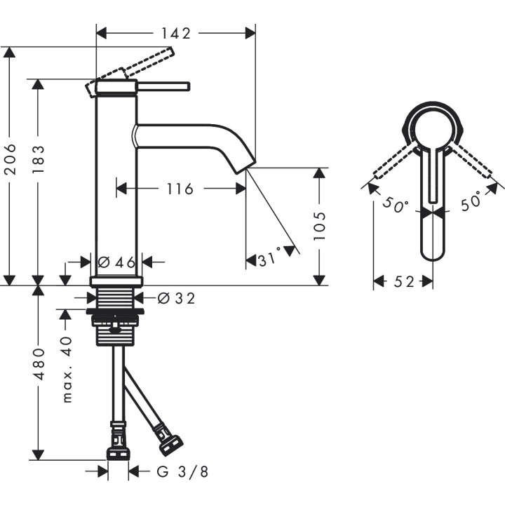 Jednouchwytowa bateria umywalkowa 110 bez kompletu odpływowego, Hansgrohe Tecturis S - Chrom 