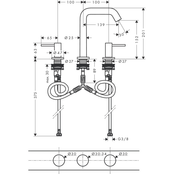 3-otworowa bateria umywalkowa 150 z kompletem odpływowym Push-Open, Hansgrohe Tecturis S - Chrom 