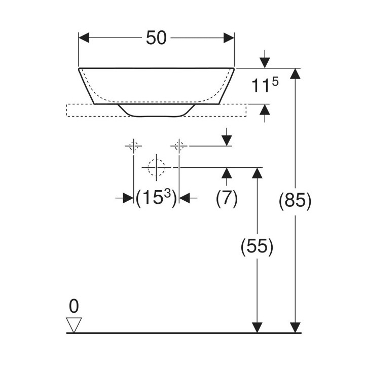 Umywalka nablatowa, w kształcie misy, odpływ poziomy, Geberit ONE 