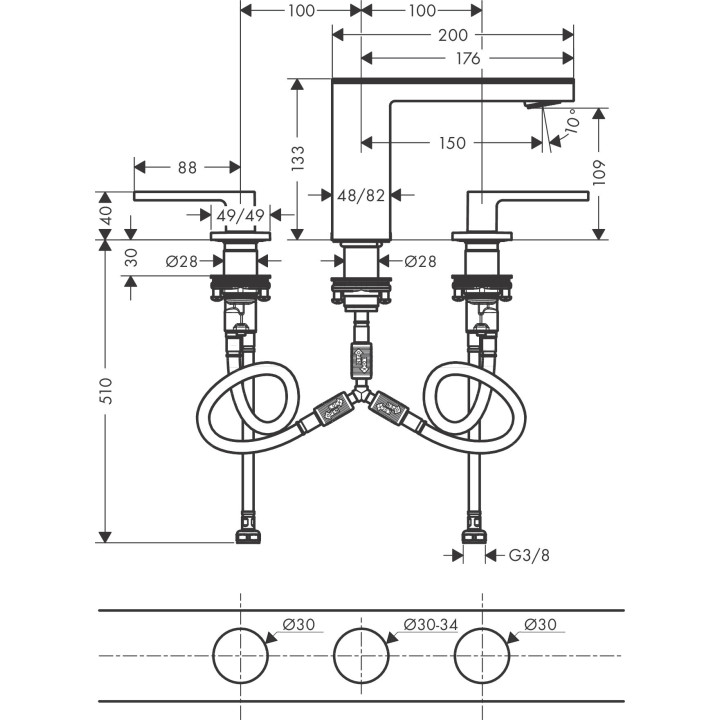 3-otworowa bateria umywalkowa 110 z kompletem odpływowym Push-Open, AXOR MyEdition - Chrom/Czarne Szkło