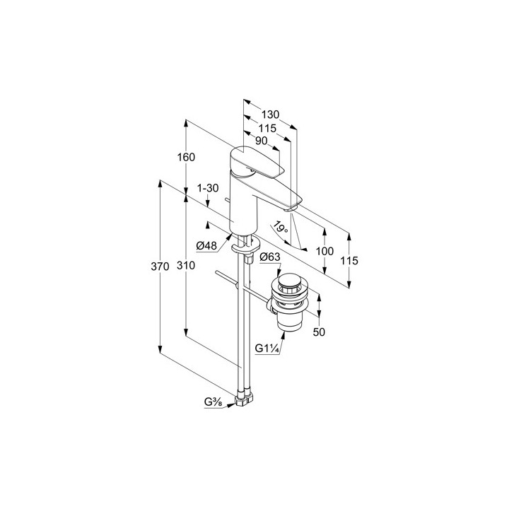 Jednouchwytowa bateria umywalkowa 100, z zestawem odpływowym, KLUDI PURE&SOLID XL - Chrom