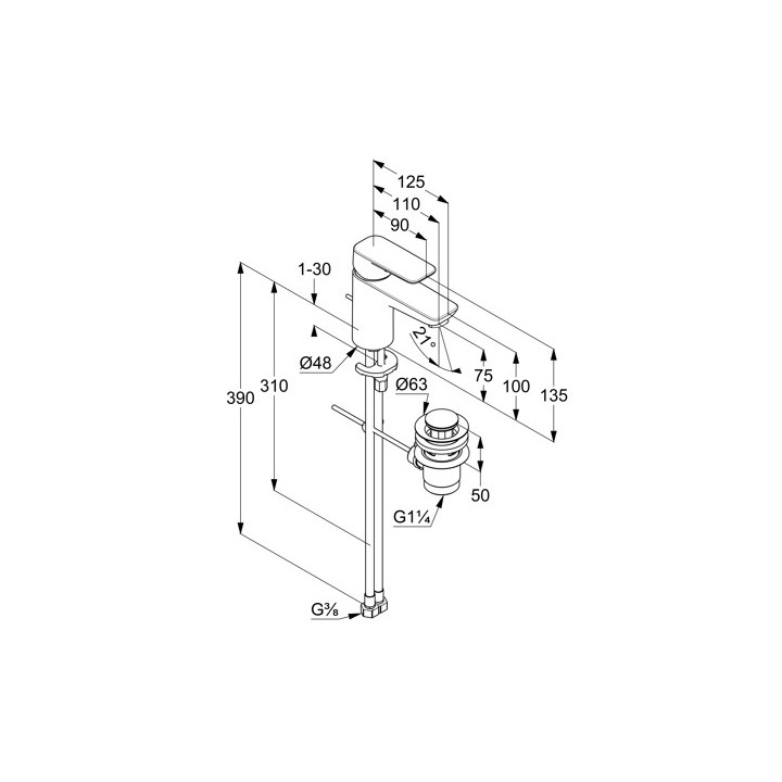 Jednouchwytowa bateria umywalkowa 75 mm, z zestawem odpływowym, KLUDI PURE&STYLE - Chrom