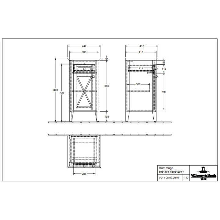 Szafka boczna, 1 drzwi, 1 szuflada, 44,2 x 85 x 43,2 mm, Villeroy&Boch Hommage  