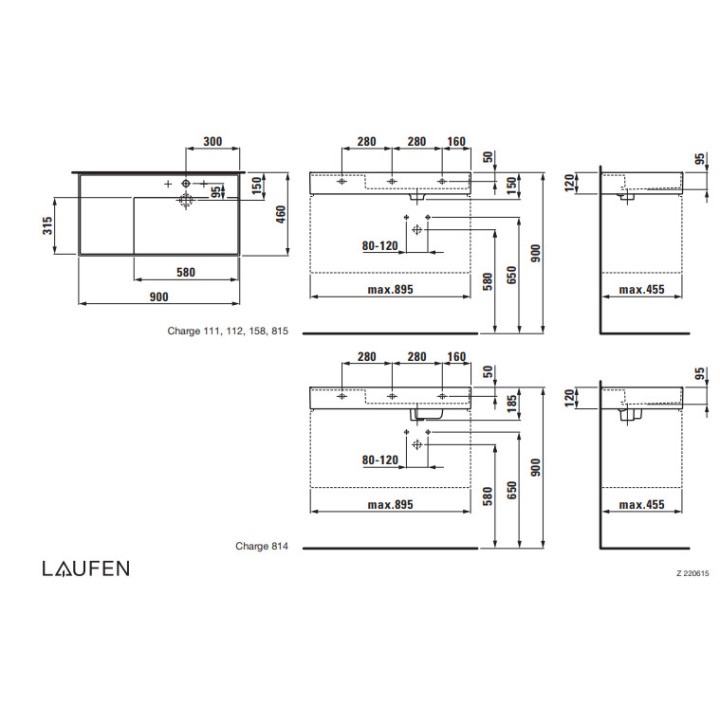 Umywalka ścienna z blatem po lewej stronie, z ukrytym liniowym odpływem, Laufen Kartell - Biały 