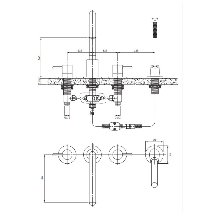 Bateria wannowa 4-otworowa, Omnires Y - Mosiądz szczotkowany