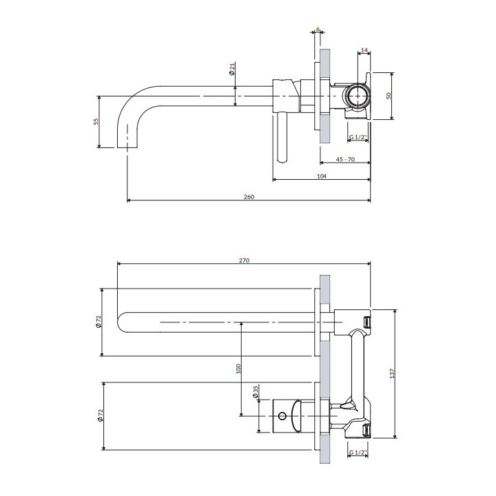 Bateria umywalkowa podtynkowa z długą wylewką, Omnires Y - Miedź 