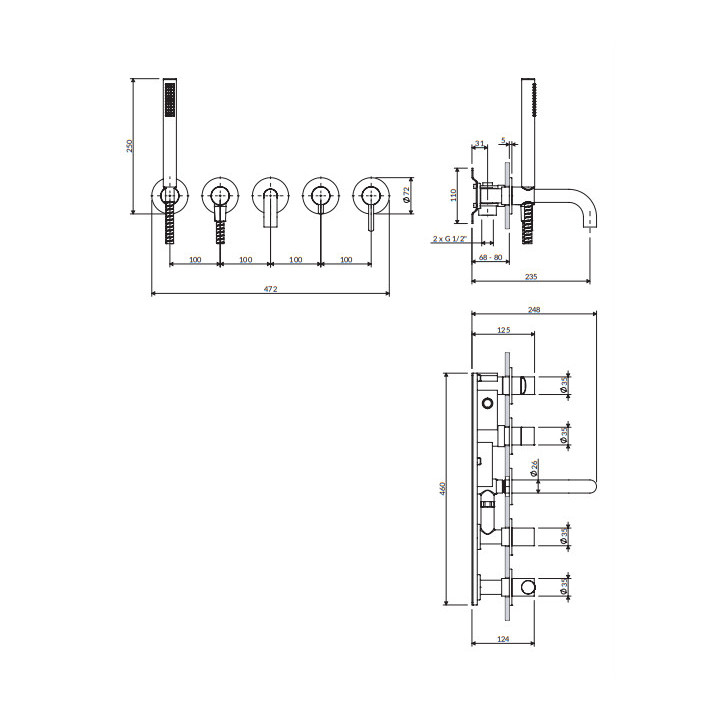 Bateria wannowa 5-otworowa podtynkowa, Omnires Y - Nikiel