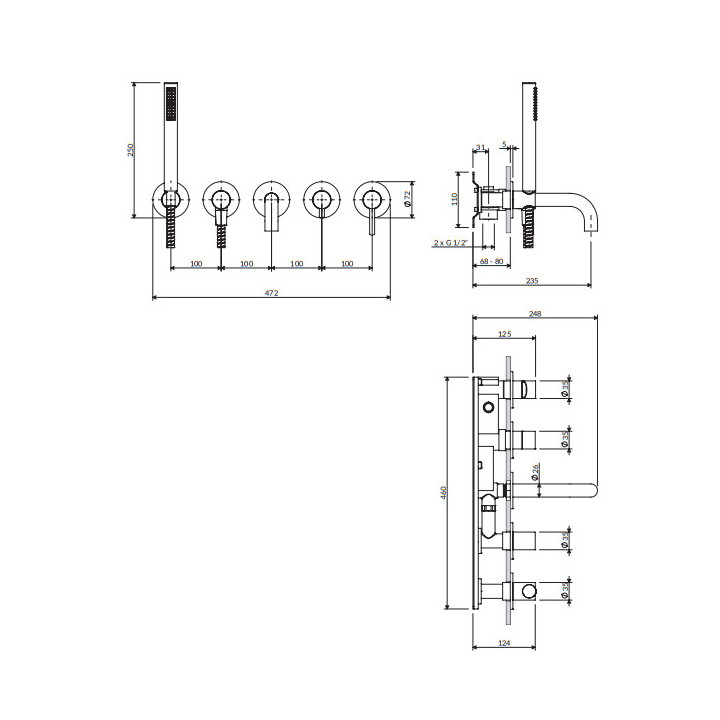 Bateria wannowa 5-otworowa podtynkowa, Omnires Y - Miedź szczotkowana 