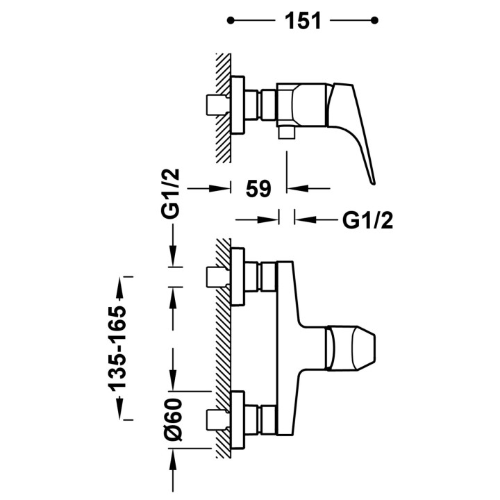 Bateria jednouchwytowa ścienna prysznicowa , Tres Canigó - Chrom