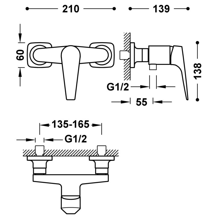 Bateria jednouchwytowa ścienna prysznicowa , Tres Canigó Plus - Chrom