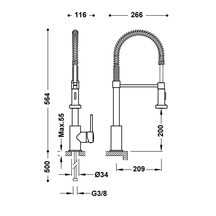Bateria jednouchwytowa z wyciąganą wylewką i 2 rodzajami strumienia do kuchni przemysłowej, Tres Cocina - Chrom