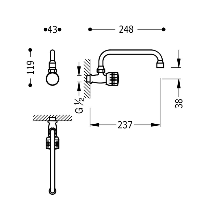 Bateria naścienna 1-drożna do biura lub pralni, Tres Cocina - Chrom