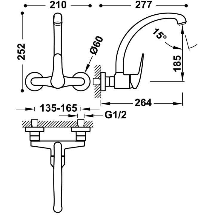 Bateria jednouchwytowa ścienna kuchenna, Tres Cocina - Chrom