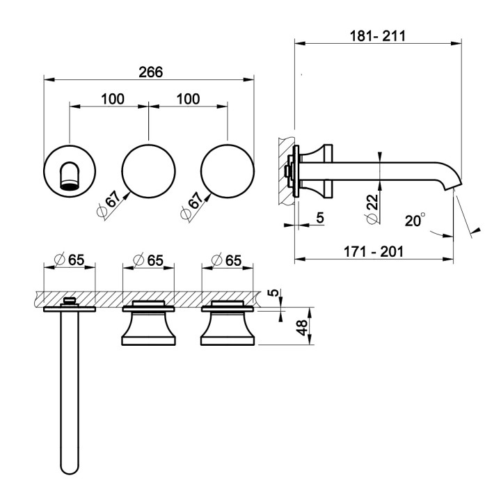 Bateria umywalkowa 2-otworowa Gessi Origini, podtynkowa, chrom
