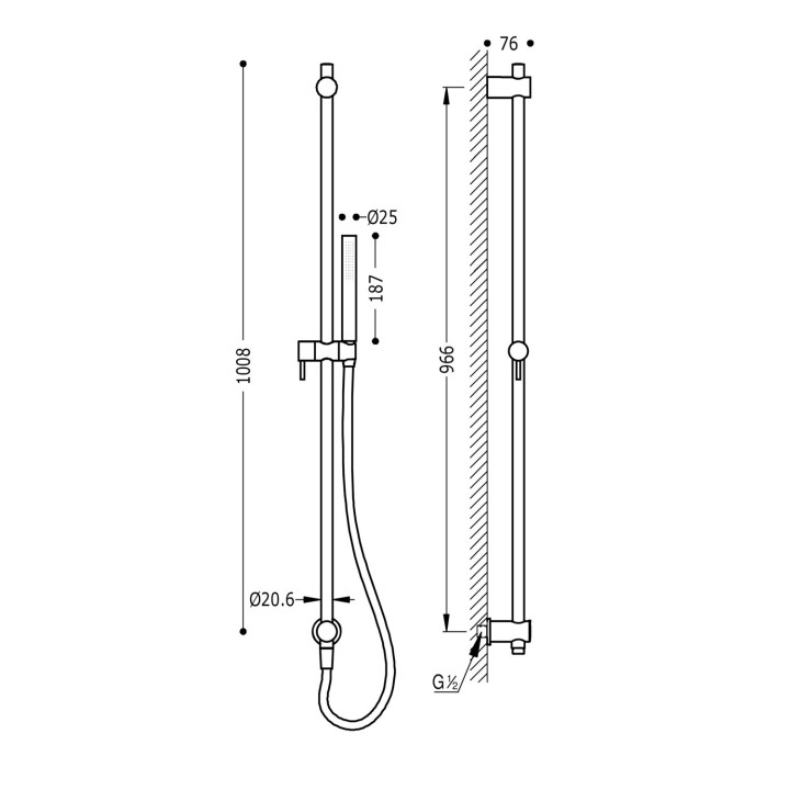 Zestaw drążek prysznicowy z przyłączem w ścianie, Tres Complementos Ducha - Chrom