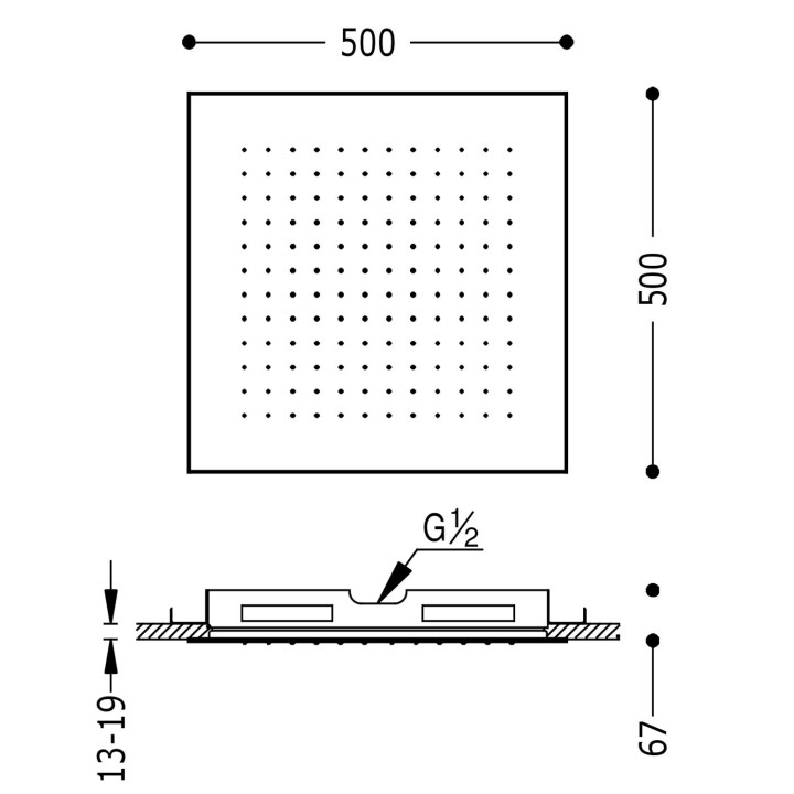 Deszczownica podtynkowa sufitowa 50x50 cm, Tres Complementos Ducha - Czerń Matowa