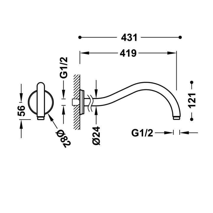 Ramię naścienne 41.9 cm, Tres Complementos Ducha - 24-K Złoto