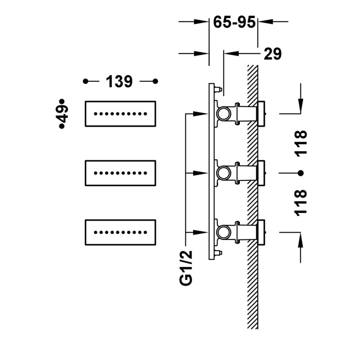 3 podtynkowe dysze z hydromasażem, Tres Complementos Ducha - Stal
