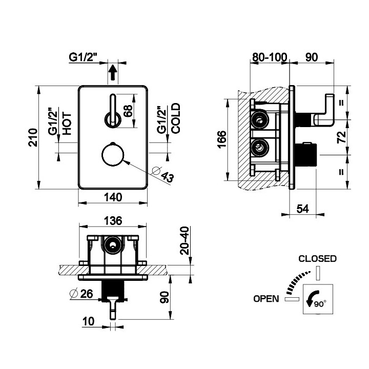 Bateria natryskowa Gessi Inciso Shower, podtynkowa, 1 wyjście wody, element natynkowy, chrom