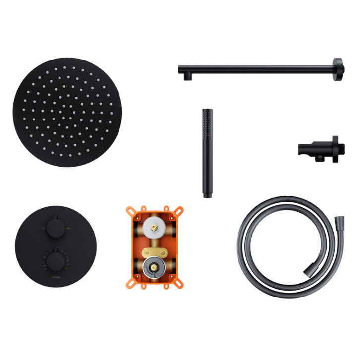 Zestaw prysznicowy z baterią podtynkową i prysznicem Corsan Ango,deszczownica okrągła śr. 25cm, czarny