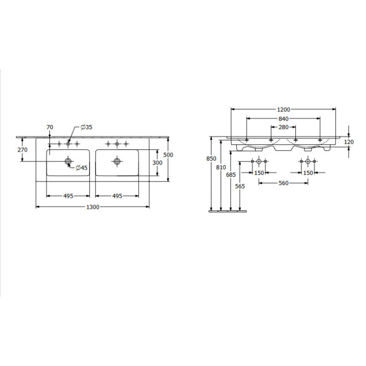 Umywalka meblowa Villeroy&Boch Subway 3.0, 130x47,5cm, z przelewem, Weiss Alpin CeramicPlus, nieszlifowany 