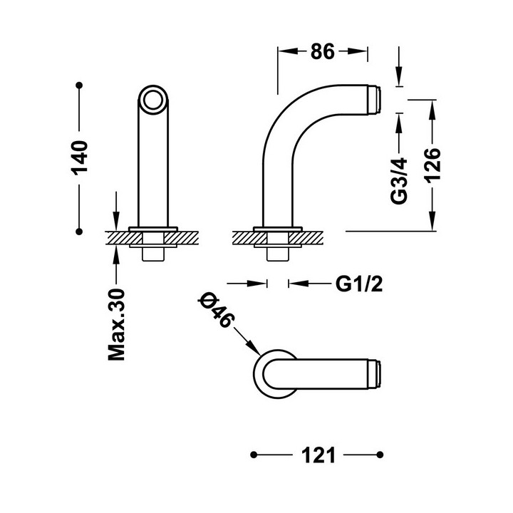 Kolankowe ujęcia wody do montażu na brzegu wanny do baterii wannowej, Tres, chrom