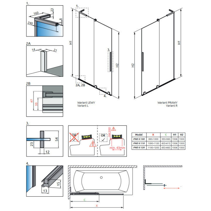 Parawan nawannowy Radaway Furo PND II 110, lewy, szkło przejrzyste, 110x150cm, przesuwny, profil złoty szczotkowany