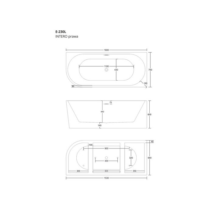 Wanna wolnostojąca narożna Corsan Intero , 160x74cm, prawostronna, korek klik-klak chrom, biała