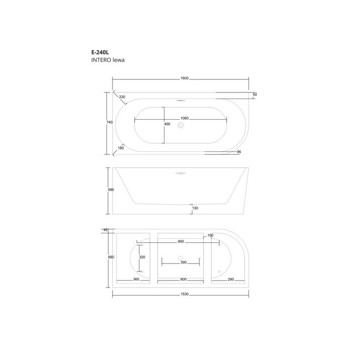 Wanna wolnostojąca narożna Corsan Intero , 170x73cm, prawostronna, korek klik-klak czarny, biała