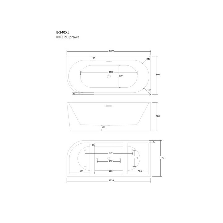 Wanna wolnostojąca narożna z szeroką krawędzią Corsan Intero  , 170x80cm, prawostronna, korek klik-klak czarny, biała