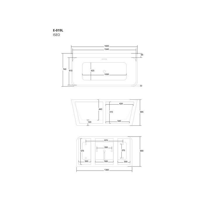 Wanna wolnostojąca przyścienna z szeroką krawędzią Corsan ISEO  , 160x74cm, korek klik-klak czarny, biała