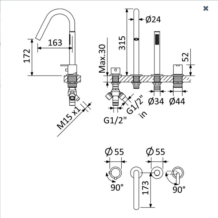 Bruma Imperial Bateria umywalkowa z korkiem Naścienna wylewka 230mm złoty