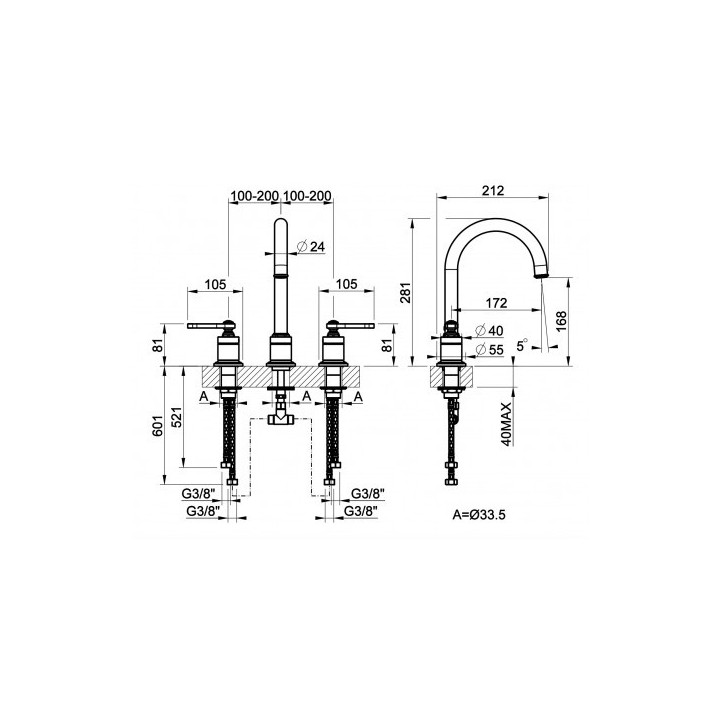 Bateria umywalkowa 3-otworowa Gessi Venti20, stojąca, wysokość 281mm, bez korka, chrom