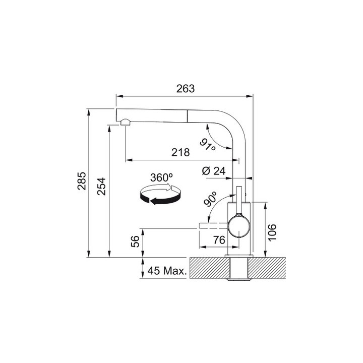Bateria kuchenna Franke Lina pull-out , wysokość 285mm, obrotowa i wyciągana wylewka,  chrom