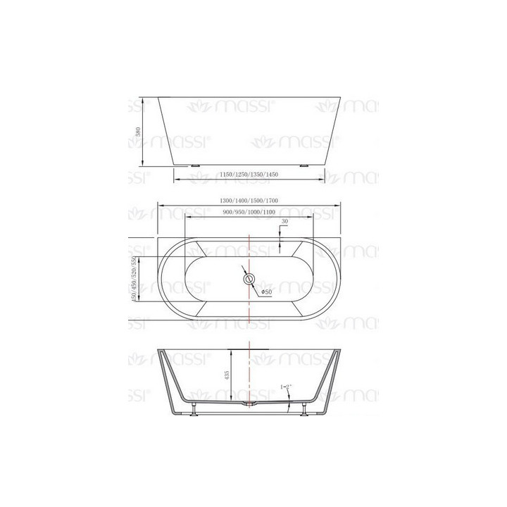 Wanna wolnostojąca Massi Modern, 180cm, z przelewem, biała