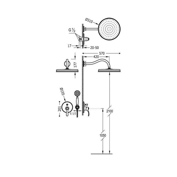Zestaw natryskowy Tres Clasic, podtynkowy, mosiądz z efektem postarzania