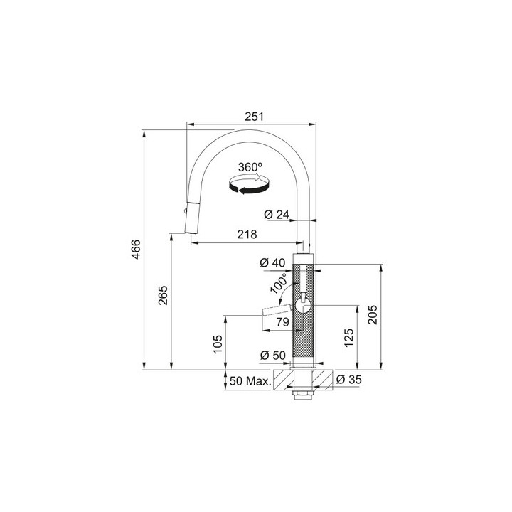 Bateria z ruchomą wylewką Franke Mythos Masterpiece pull-out spray , wysokość 466mm, wylewka wyciągana, stal szlachetna