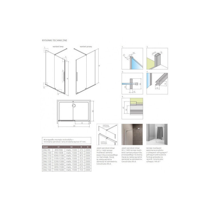 Drzwi prysznicowe do wnęki Radaway Furo DWJ 150, lewe, przesuwne, szkło przejrzyste, profil chrom